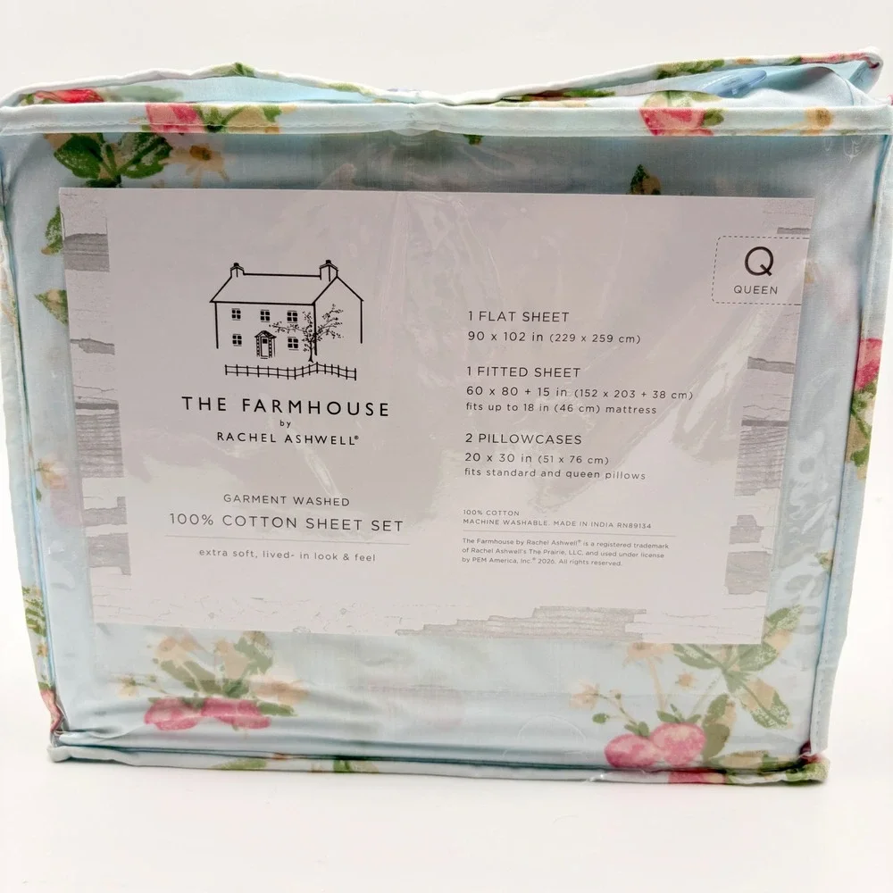 The Farmhouse by Rachel Ashwell Queen Cotton Sheet Set Floral Strawberry Blue